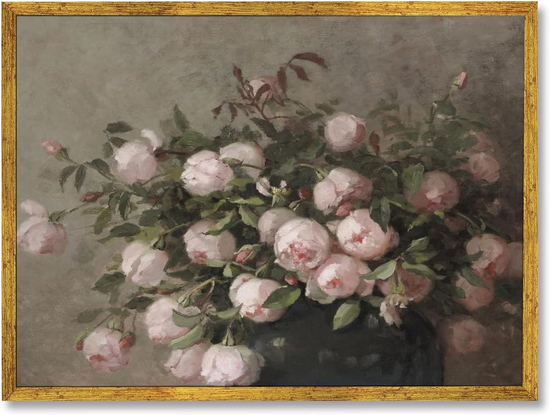 Large Gold Framed Vintage Flower Still Life Wall Art Romantic Floral Canvas Painting Poster Pink Rose Print with Antique Golden Frame Wall Decor for Cottagecore Living Dining Room Bedroom 36x24inch