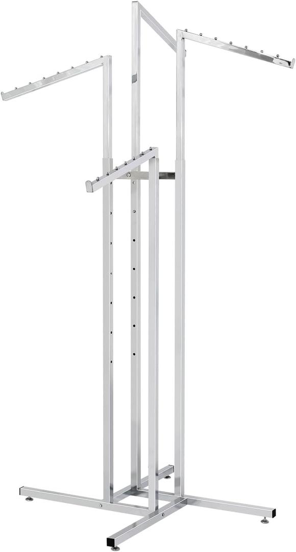 4 Way Adjustable Clothing Rack with Slanted Arms - Retail Clothing Rack Display - Adjustable Height Arms from 48" to 72" Perfect for Clothing Stores (Chrome) 4 Way Adjustable Clothing Rack with Slanted Arms - Retail Clothing Rack Display - Adjustable Height Arms from 48" to 72" Perfect for Clothing Stores (Chrome)