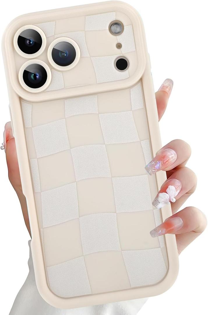 OOK Slim Checkered Case for iPhone 17 Pro Max 6.9inch, Beige | Cute Aesthetic Checkerboard Design,Camera Lens Protection,Silicone Slim Shockproof Protective Cover for Women Girls