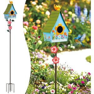 Frienda 57 Inch Bird Houses for Outside with Pole, Durable Metal Wild Bird Feeder with Stand, Decorative Flower Blue Birdhouse Stake Easy to Install for Attracting Birds Garden Patio Decor