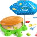 Turtle Sandbox with Lid, Sand Pit with Adjustable Umbrella & 8pcs Beach Toys for Toddler 3-5, Kids Sand Box with Cover Suit for Sensory Playsand, Summer Gifts for Indoor Outdoor Backyard
