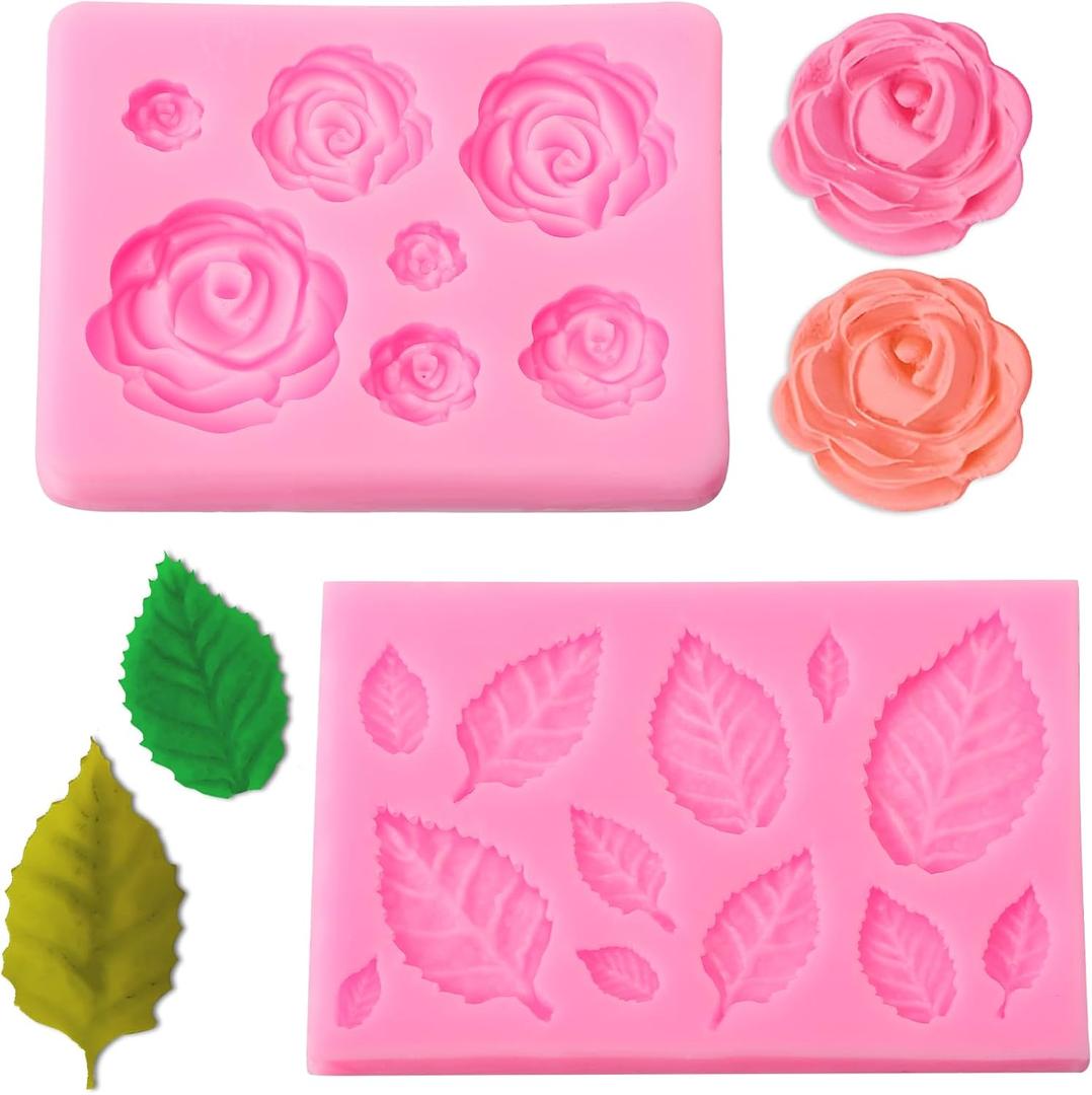 2 Pcs Rose Flower and Leaves Silicone Mold, Roses Collection Fondant Mold Cake Chocolate Molds for Sugarcraft Cupcake Toppers Soap Polymer Clay Crafting Projects Wedding and Birthday Cake Decoration