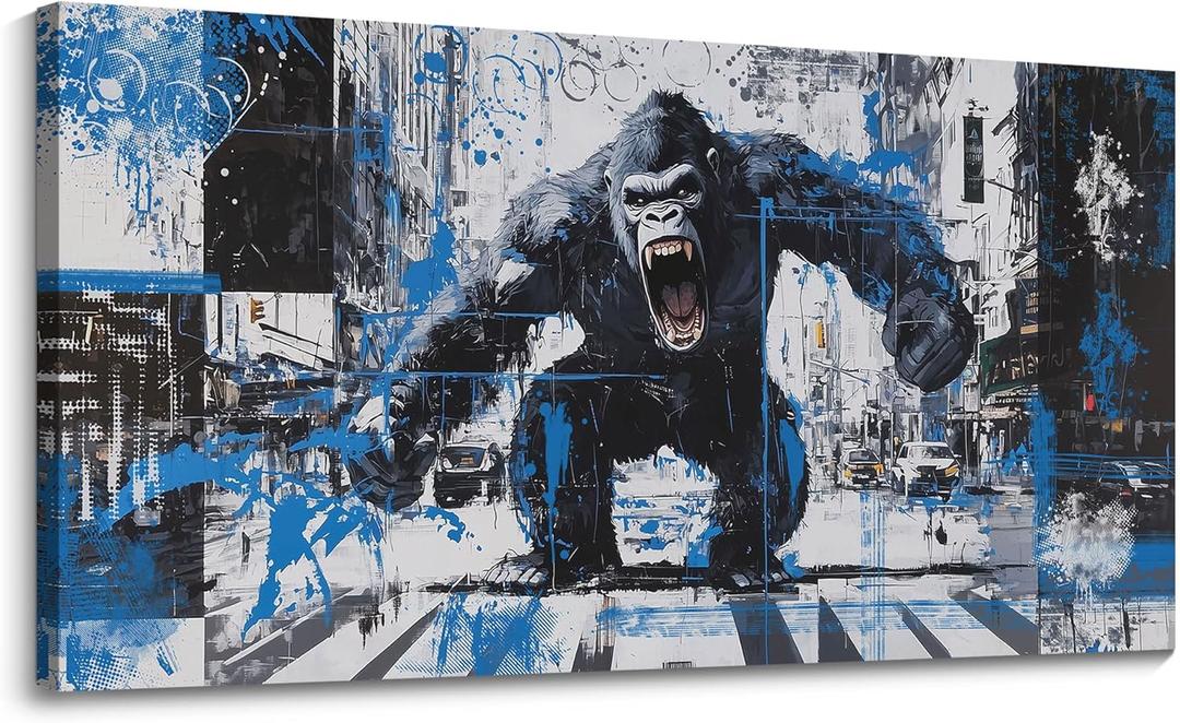 JEAWA Large Canvas Wall Art, Funny Angry Gorilla Abstract City Street Graffiti Pop Paintings Black and White Modern Picture for Living Room Bedroom Men Teenage Study Home Office Decor 24x48 IN (48L" x 24W")