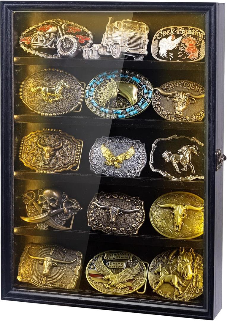 Belt Buckle Display Case, 5 Belt Buckle Holders Included, 17x12 Black Shadow Box with LED Light, Wall-Mounted Men's Belt Clip Storage Box, Lockable, 17x12x3 inches