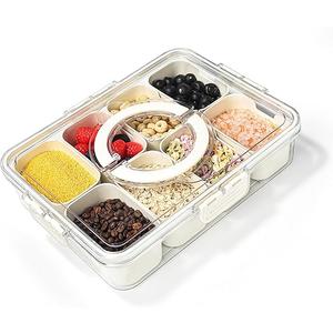 Snackle Box Container, Divided Serving Tray with Lid and Handle, 8 Compartment Snack Tray with Lid Airtight, Clear Organizer for Food Storage, Snack Box for Candy, Nuts, Snacks, Fruits, Vegetables, Pack of 2