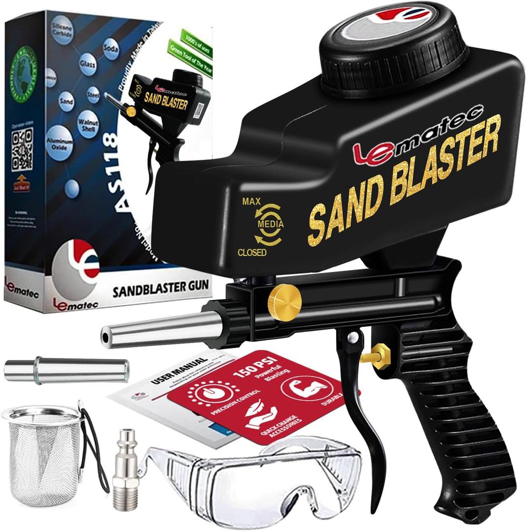LE LEMATEC Sand Blaster Gun Kit for Air Compressor, Paint/Rust Remover for Metal, Wood & Glass Etching, Up to 150 PSI Blasting Media for Aluminum, Sand, Walnut Shells & Soda Blaster, Black (AS118)