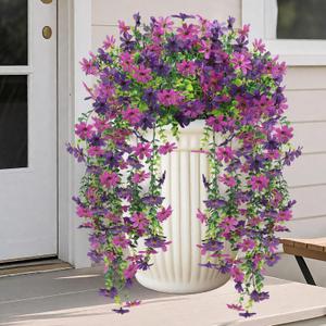 Geegoods Artificial Flowers for Outdoors Decoration, 4Pcs Faux Hanging Mums UV Resistant Realistic Silk Flowers for Outside Patio Porch Garden Yard Balcony Fall Decor (Double Purple)