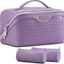BOYATU Travel Makeup Bag Cosmetic Bags for Women: Large Capacity 3 Pcs Set Make up Bag with Compartments - Waterproof Vegan Leather Toiletry Organizer Bags with Handle - Travel Essentials(Purple)