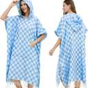 Men Women Hooded Towel Changing Wearable Cloth Swim Parka Jacket Swimsuit Bikini Coverup Dry Robe Bathing Suit Dress Wrap Plus Size for Beach Hiking Pee Surf Board Pool Shower (Blue Checkered)