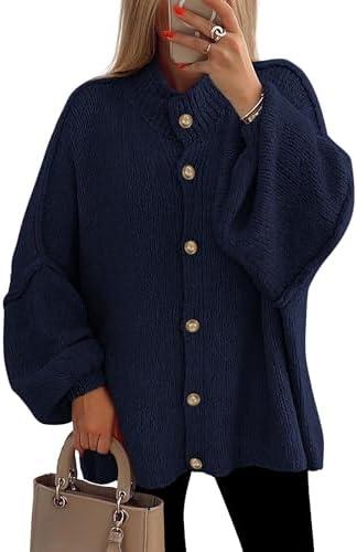 PRETTYGARDEN Women's Winter Button Down Cardigan Sweaters Mock Neck Lantern Long Sleeve Chunky Knit Jacket Trendy Outerwear, Small