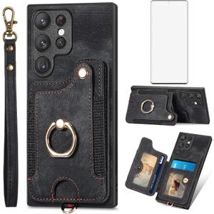 Asuwish Phone Case for Samsung Galaxy S23 Ultra 5G Wallet Cover with Screen Protector and Wrist Strap Lanyard RFID Credit Card Holder Ring Stand S23Ultra 23S S 23 23Ultra 6.8 inch Women Men Black