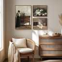 Large Framed Vintage Canvas Wall Art Sets, 3 Piece Farmhouse Flower and Woman Prints Painting, Retro Rustic Brown Picture Artwork Decor for Living Room Bedroom and Dining Room