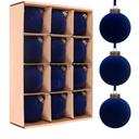 12 Pcs Velvet Christmas Balls Bulk Shatterproof Plastic Christmas Tree Decorations for Decorative Hanging Baubles (12, Navy Blue, 3.15Inch)