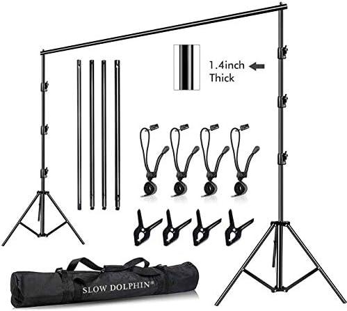 SLOW DOLPHIN 10 x 10Ft Photo Video Studio Heavy Duty Adjustable Muslin Backdrop Stand Background Support System Kit for Photography with Carrying Bag 8 Pcs Clip Clamps, One Size