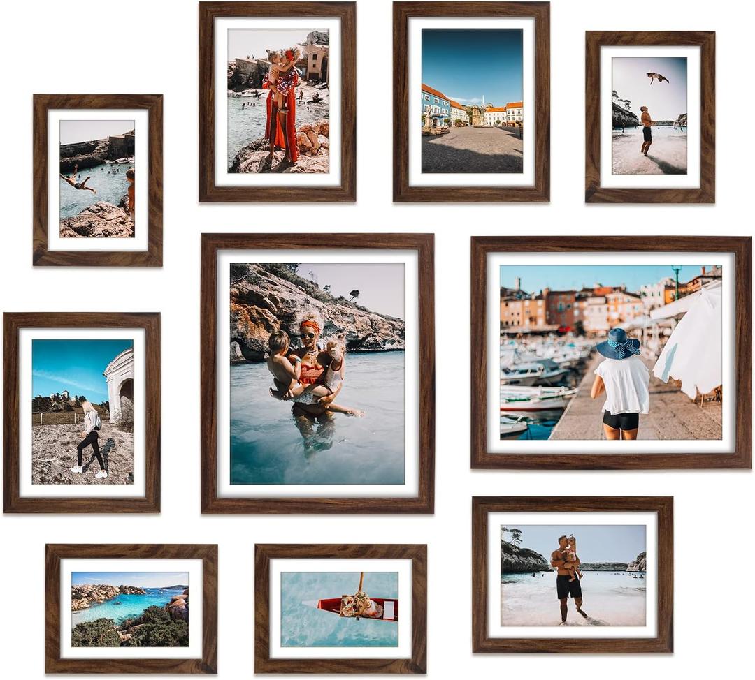 Giftgarden Brown Picture Frames with Mat for Multiple Sizes Photos, Four 4x6, Four 5x7, Two 8x10, Assorted Gallery Frame Collage for Wall or Tabletop, Set of 10