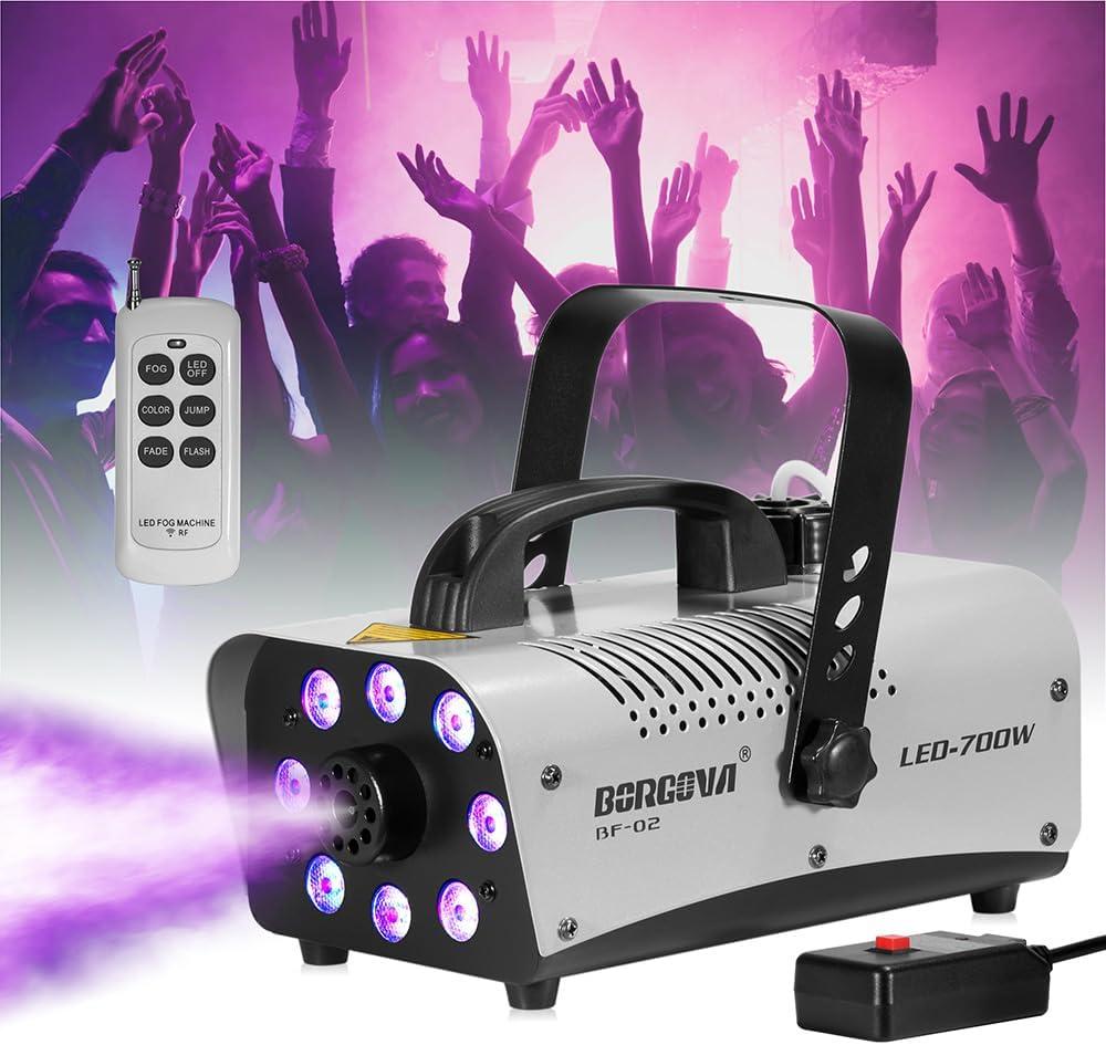 Fog Machine 700W with 8 LED Par Lights, Wireless Remote, and Auto Mode - Ideal for Parties, Halloween, and Stage Effects