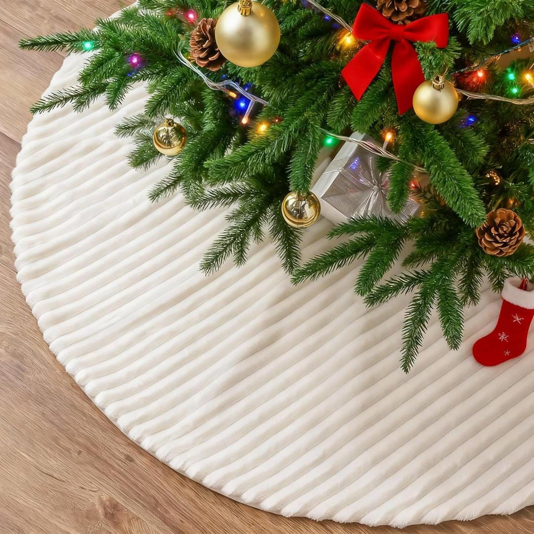 Kinlop 72 Inch Faux Fur Christmas Tree Skirt White Stripe Textured Pattern Large Tree Skirt Vintage Merry Christmas Party Favors Rustic Holiday Decor Merry Xmas Party Gifts
