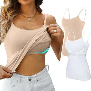 V FOR CITY Women's Shelf Bra Camisole Tops Adjustable Spaghetti Strap Cami Tank Cotton Undershirts 2 Pack (X-Large, White/Apricot Peach)