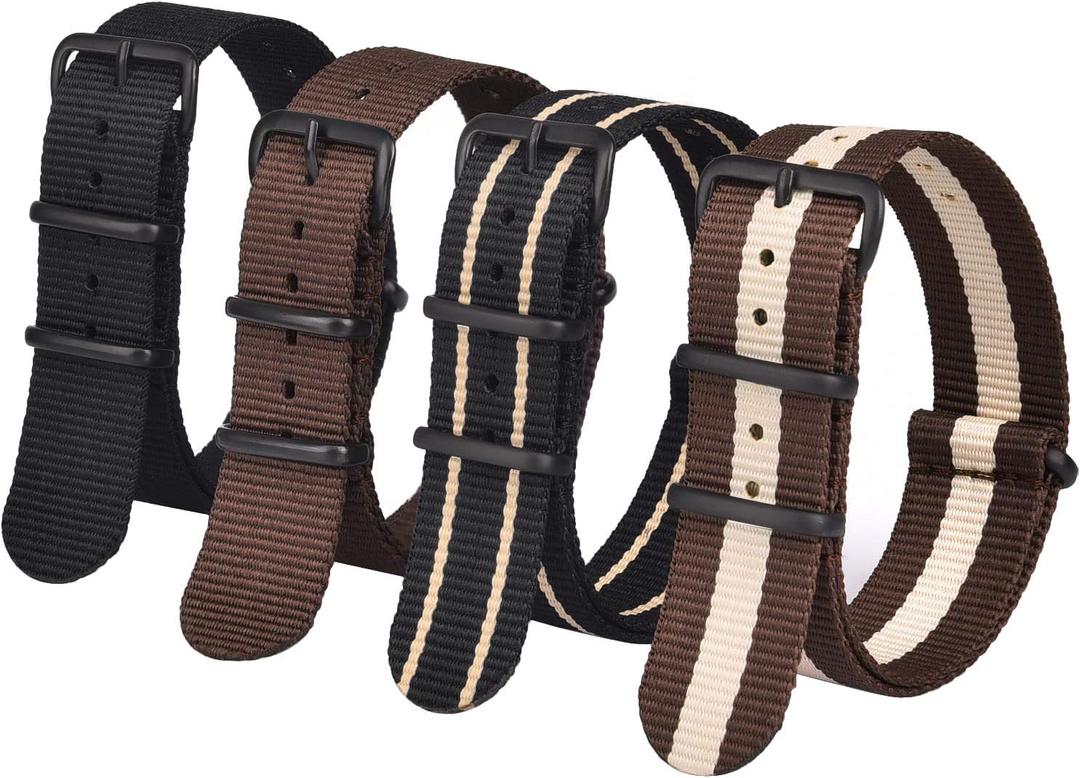 Ritche Christmas Gift Military Ballistic Nylon Strap 20mm Premium Nylon Watch Band Strap With Stainless Steel Buckle (4 Packs), White Elephant Gifts, Stocking Stuffers for Men (Black / Khaki Black / Dark Brown / Khaki Brown)