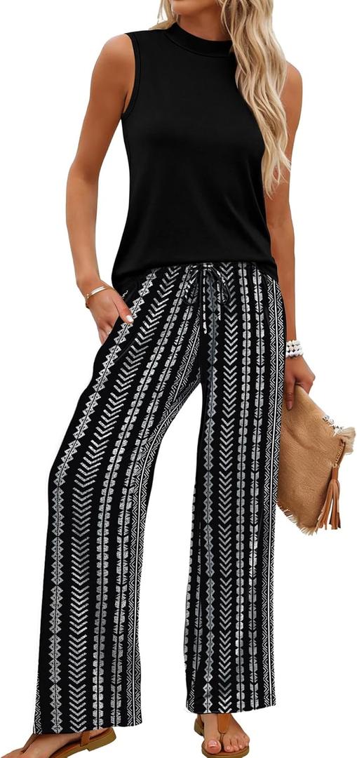 WIHOLL Two Piece Set for Women Summer Spring Outfits Cruise Travel Airport Beach Vacation Clothes Trendy Lounge Sets Mock Neck Matching Women Clothing Wide Leg Pants Set, Stripped Black, Small