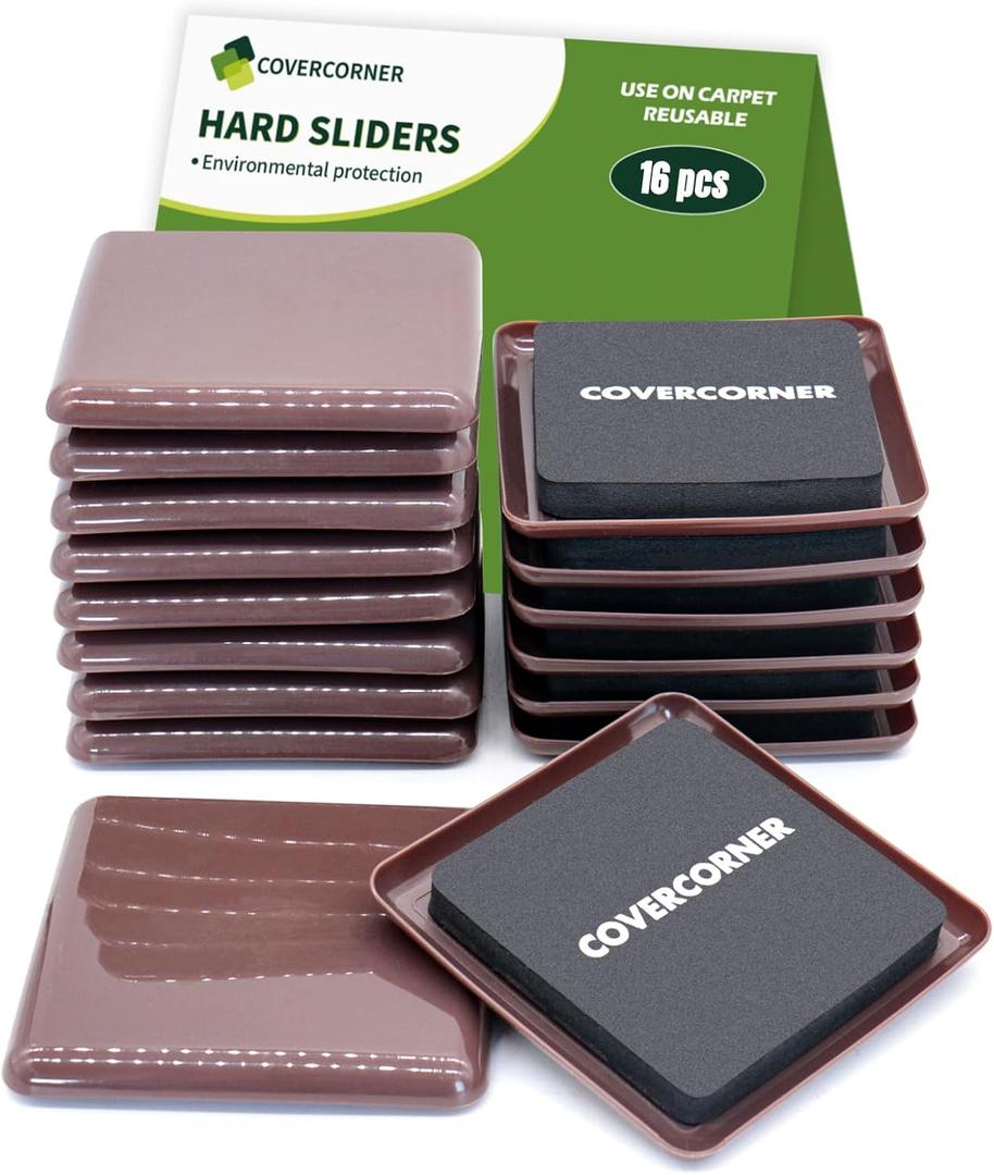 Furniture Sliders for Carpet 16 PCS - 3 1/2 inch Furniture Moving Slider Chair Legs Floors Protectors Square Furniture Movers Sliders  Move Your Furniture Easy & Safely(for Carpet)-Brown