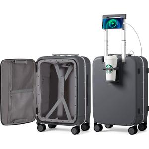mixi Carry On Luggage with Cup Phone Holder and Charger Hard Shell Suitcases with Spinner Wheels,20 Inch Rock Gray