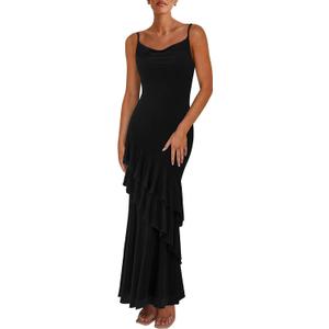 PRETTYGARDEN Maxi Dresses for Women 2025 Summer Tiered Floral Beach Sundress Spaghetti Strap Wedding Guest Long Dress (Medium, Solid Black)