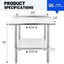 Hally Stainless Steel Table for Prep & Work 24 x 30 Inches, NSF Commercial Heavy Duty Table with Undershelf and Backsplash for Restaurant, Home and Hotel