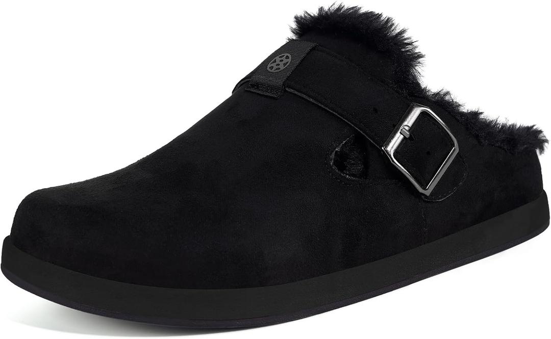 Fur Lined Clogs for Women Men | Suede Winter Slippers with Arch Support | Slip on Mules Potato Shoes with Removable Cushion Footbed | Warm Home House Shoes (5 Women/4 Men, Black)