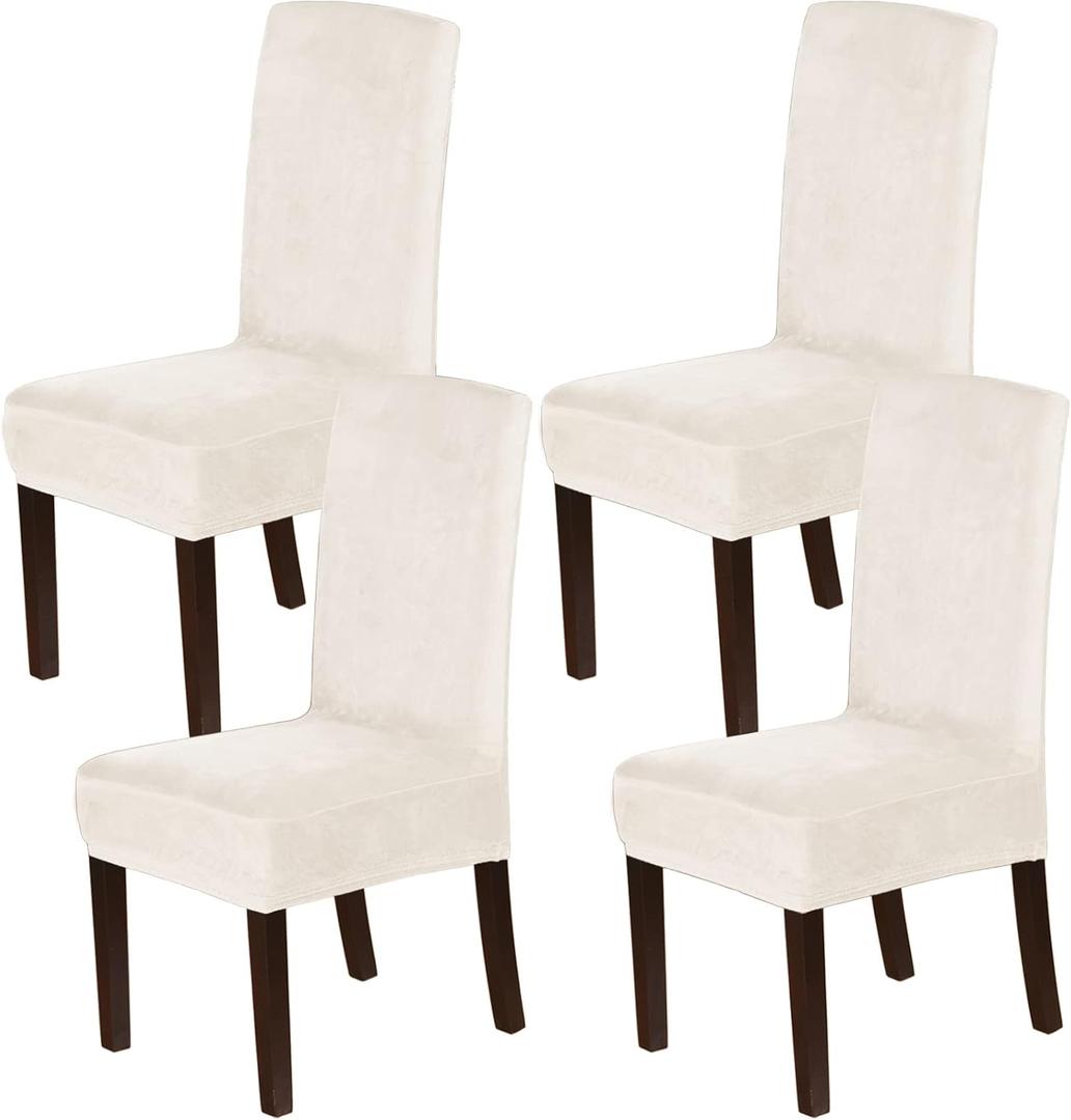 H.VERSAILTEX Dining Chair Covers Velvet Stretch Chair Covers for Dining Room Set of 4 Parson Chair Slipcovers Chair Protectors Covers Dining, Soft Thick Solid Velvet Fabric Washable, Ivory