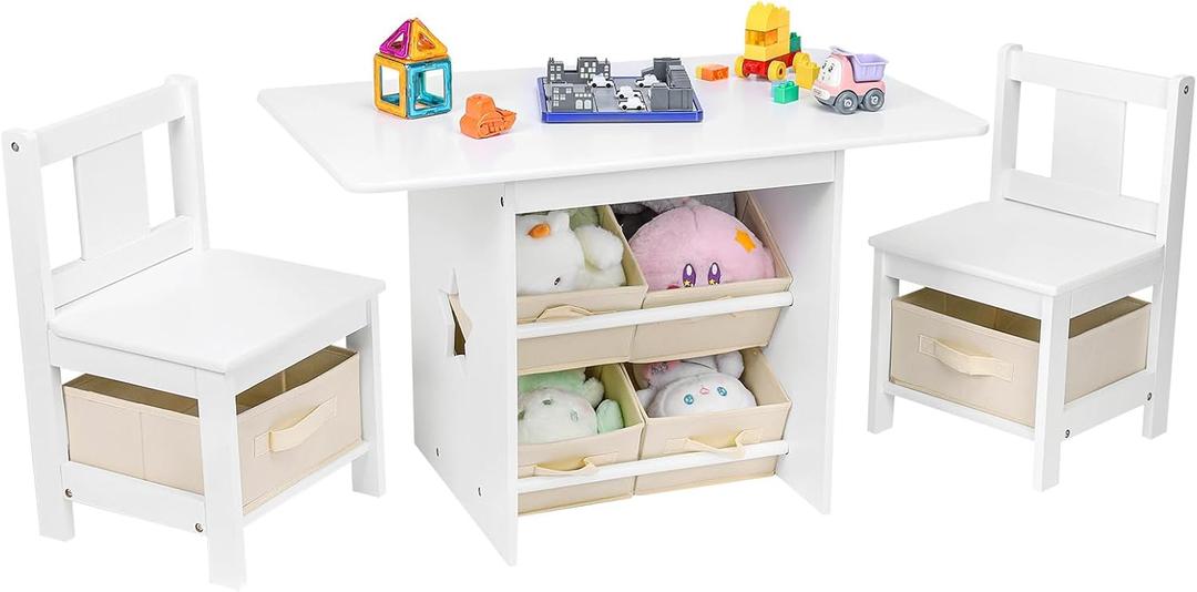 Kids Table and Chair Set (2 Chairs Included), Wooden Toddler Table and Chairs Set with 6 Storage Bins Boxes, Children's Furniture, Water Resistant, Easy to Clean, Gift for Boy & Girl, White