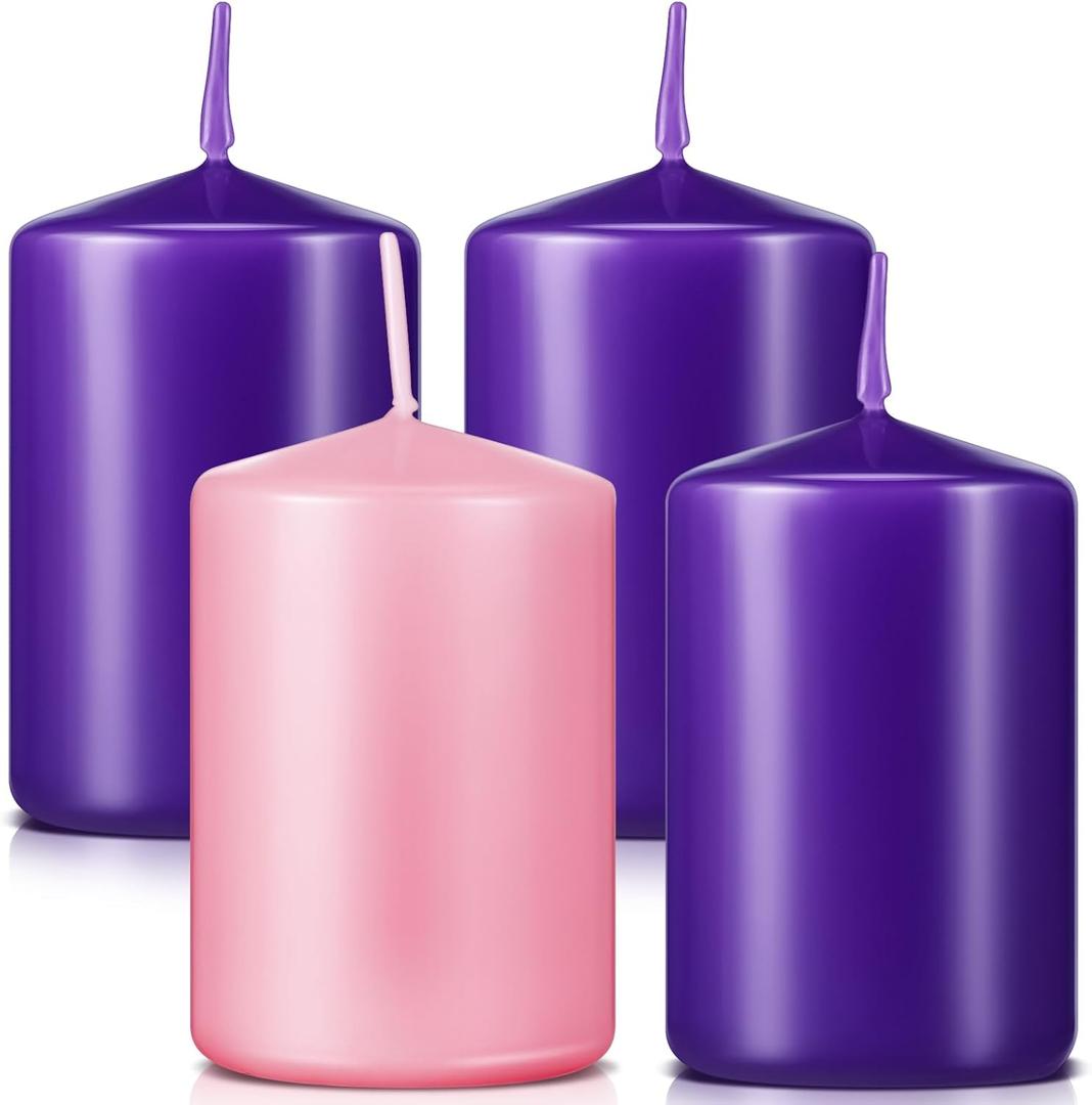 Amylove 4 Pcs 2 x 3 Inch Advent Pillar Candles Set Pink Purple Christmas Unscented Lasting Burning Church Candles for Advent Wreath Holiday Gifting