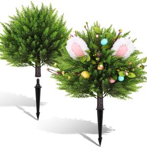 WLLEYAY Easter Artificial Cypress Bunny Topiary Cedar Trees, Set of 2 | Artificial Shrub Bushes with Ground Spike,UV Resistant Faux Evergreen Tree Plants,Indoor Outdoor Planters Front Porch Offices