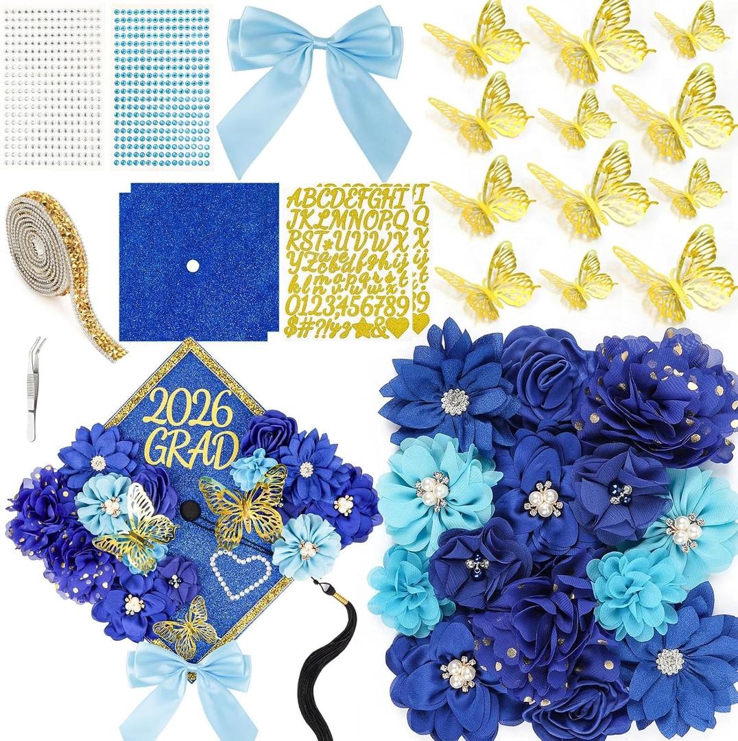 Graduation Cap Decorations Kit 2026 DIY Cap Decorations 36PCS Included Fake Flowers Heads Bow 3D Butterfly Self Adhesive Rhinestones Stickers Alphabet Letter Stickers for Grad Party Decor, Blue