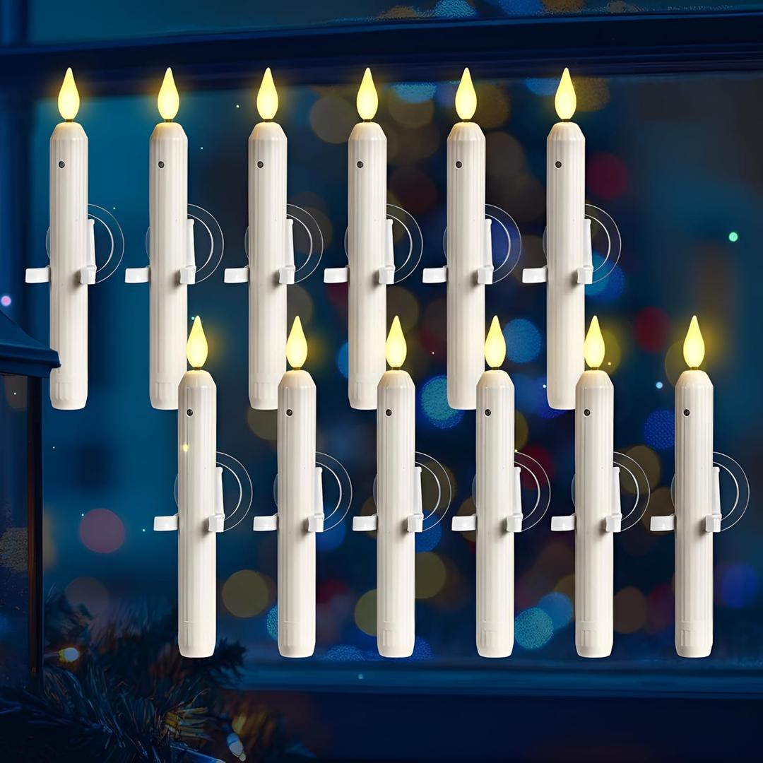 Yungyan 12 Sets Window Candles with Sensor Dusk to Dawn Christmas Window Lights with Suction Cups Battery Operated LED Candlesticks Bulk Flameless Taper Candles for Xmas Holiday Decor (Classic Style)