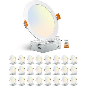 24 Pack Ultra-Thin Recessed Lighting 6 Inch 13 W 1300 LM LED Recessed Ceiling Light with Junction Box 5CCT Recessed Lighting Dimmable Canless Wafer Light Downlights for Bedroom Living Room