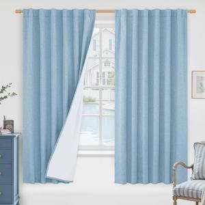 LAMIT 100% Blackout Stone Blue Linen Curtains, 63 Inches Linen Textured Thermal Bedroom Curtains Back Tab and Rod Pocket Neutral Panels with White Liner for Boys' Room, 2 Panels, 52 x 63 Inch