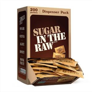 Sugar In The Raw Turbinado Cane Sugar Packets, 200 Ct Box, 1 Pack, Pure, All-Natural Turbinado Sugar, Non-GMO Project Verified, Kosher, Vegan and Gluten Free (EXP 02/05/31)