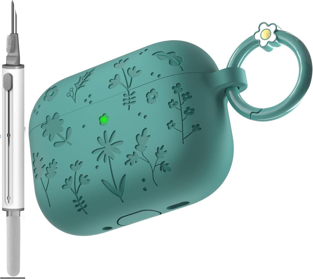 for AirPods Pro 3 Case (2025) DamonLight Floral Engraved Shockproof Protective Soft Silicone Case Cover with Cleaning Pen and Floral Keychain for Apple Airpods Pro 3rd Generation (Forest Green)