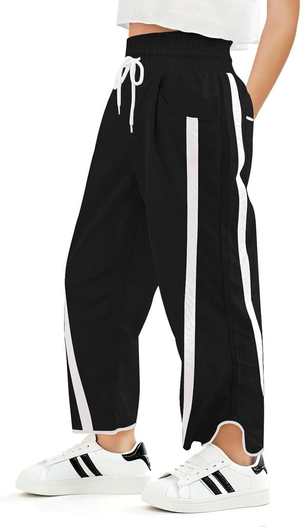 Haloumoning Girls Baggy Wide Leg Pants Kids Striped Elastic Waist Parachute Track Pants with Pockets 5-14 Years (11-12 Years, Black)