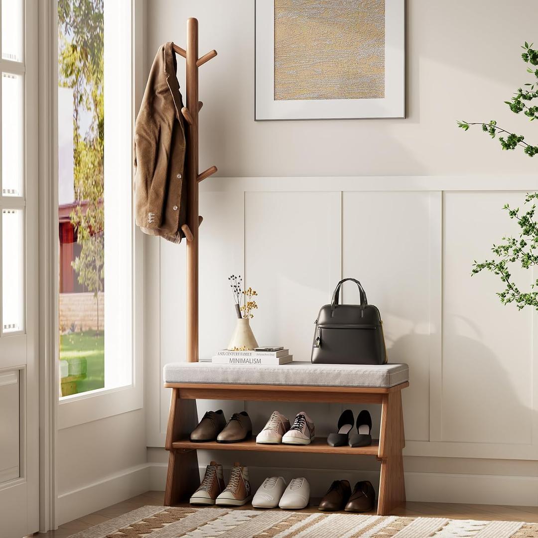 Coat Rack with Shoe Storage,Shoe Rack whit 8 Hook for Offices、Bedroom、Living Room,Small Shoe Bench,Walnut