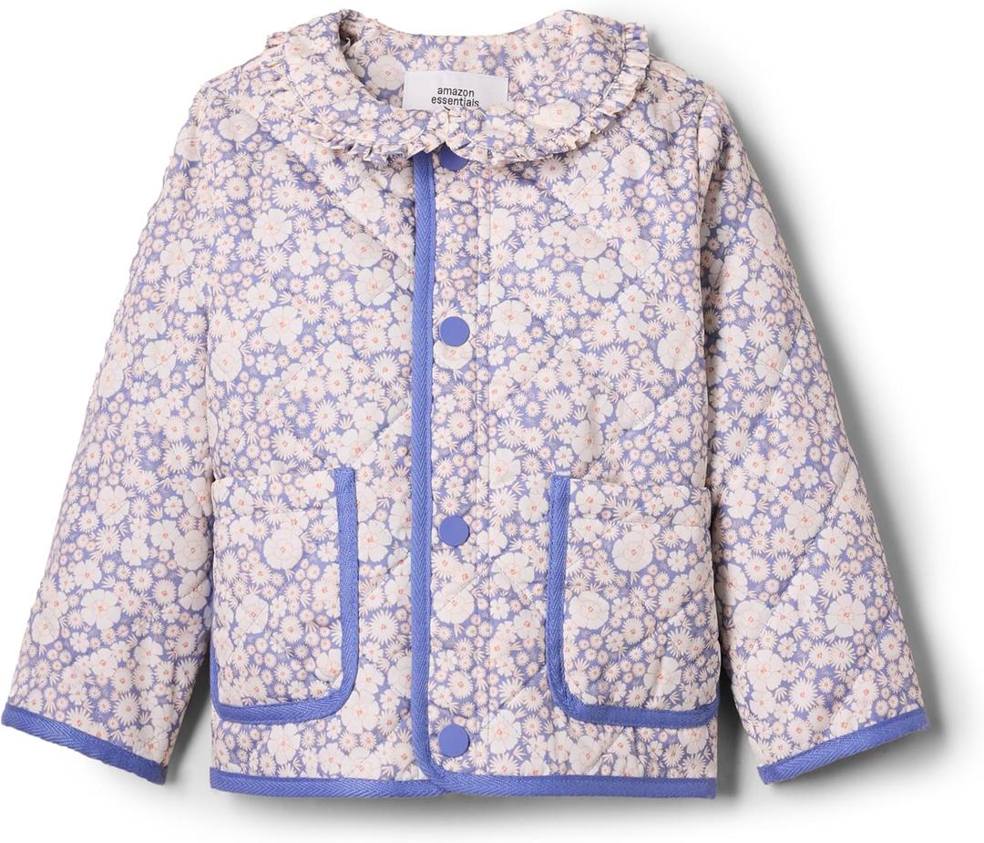 Amazon Essentials x Sofia Grainge Toddler and Baby Girls' Midweight Quilted Field Jacket with Ruffle (12 Months, Blue Ivory Delicate Floral)