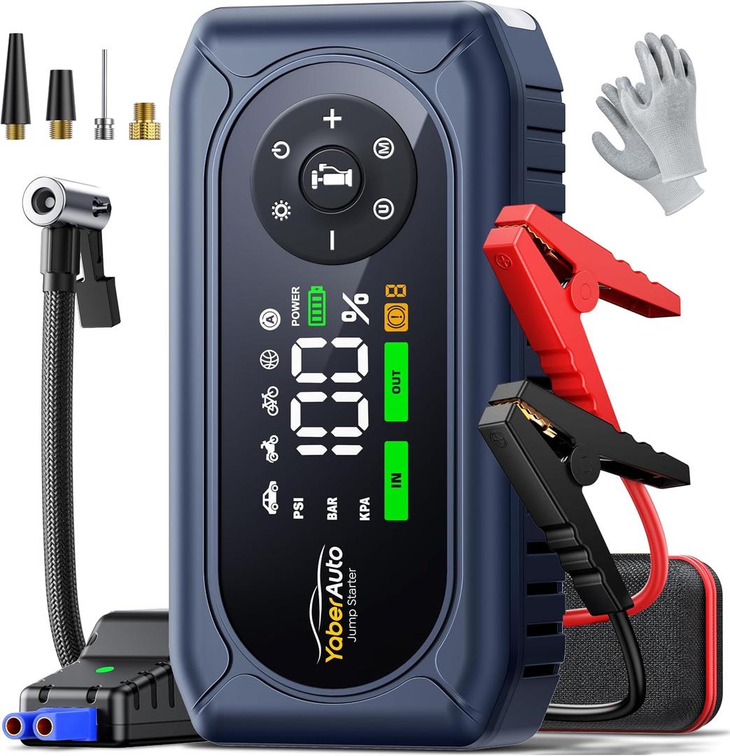 YaberAuto 5000A 150PSI Car Battery Jump Starter with Air Compressor & Gloves, Car Jumper Starter Portable with Tire Inflator, 12V Jump Box (9L Gas/8L Diesel) Jumper Cables, 18W Fast Charge 800LM Light