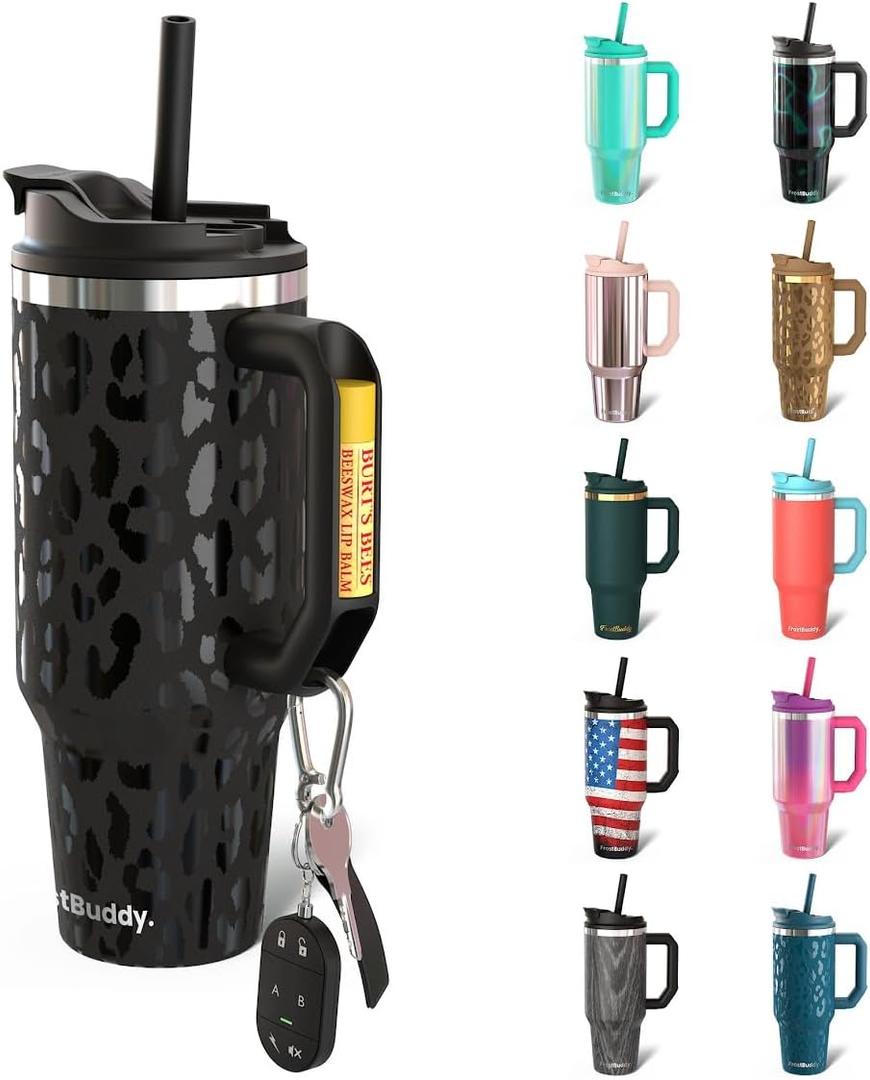 Frost Buddy Thicc Buddy - 50 oz Stainless Steel Vacuum Insulated Tumbler with Lid and Straw for Water - Travel Mug Cupholder Friendly - Gifts for Women Men Him Her (Black Leopard)