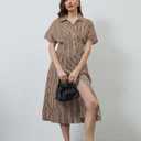 calbatic Women Striped Button Down Pleated Shirt Dress Summer Short Sleeve Ruffle A Line Swing Long Blouse Midi Long Dress (XL)