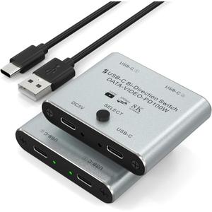8K USBC Switch USB C Switcher for 2 Computers - Bi Directional USB C KVM Switch Splitter for 8K@60Hz/4K@144Hz Video Transfer+100W Charging+10Gbps Data, with Power Cable