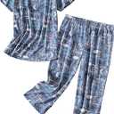 PNAEONG 2 Pack Women's Cotton Pajama Sets Short Sleeve Sleepwear Tops with Capri Pants Summer Loungewear Pj Sets(Good Night+C Star-XXL)