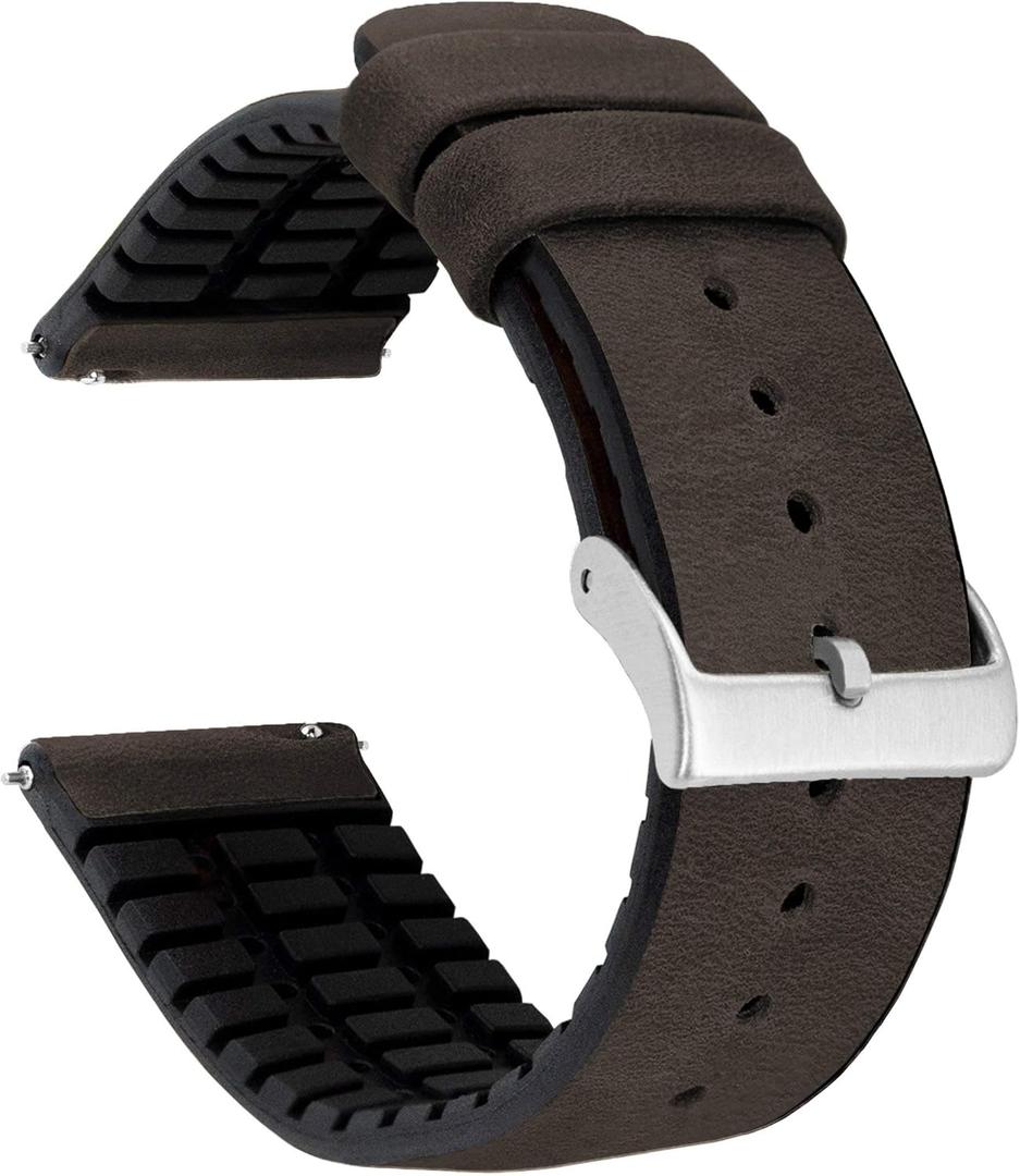 BARTON Leather and Rubber Hybrid Straps with Integrated Quick Release Spring Bars - 316L Stainless Steel - Choose Color - 18mm, Watch Bands (Smoke)