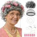 Old Lady Wig with Curlers - Grey Wig and Glasses Set, Grandma Wig for Women, Granny Wig for Cosplay and Dress Up (Grey Curly Wig Set)