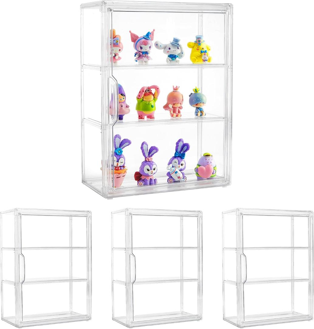 Acrylic Display Case for Collectibles 3 Tier Figure Display Case with 2 Movable Plates Clear Display Cases for Figures with Magnetic Door Tall Display Box, 4 Pack